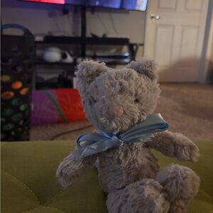 Jellycat Plush Teddy Bear - Light Gray with Blue Bow